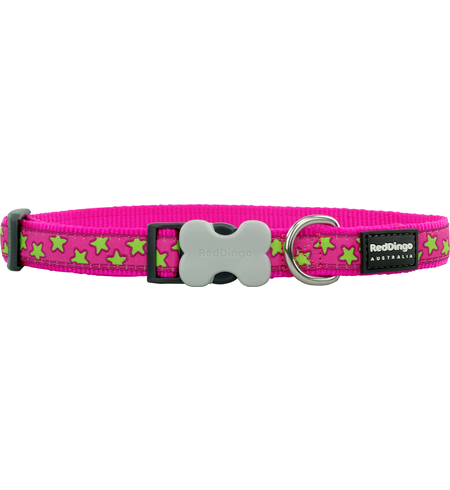 Red Dingo Dog Collar Stars Lime on Hot Pink Small 12mm x 20-32cm