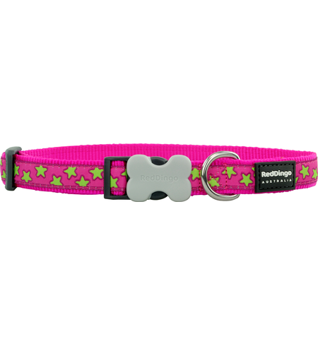 Red Dingo Dog Collar Stars Lime on Hot Pink Large 25mm x 41-63cm